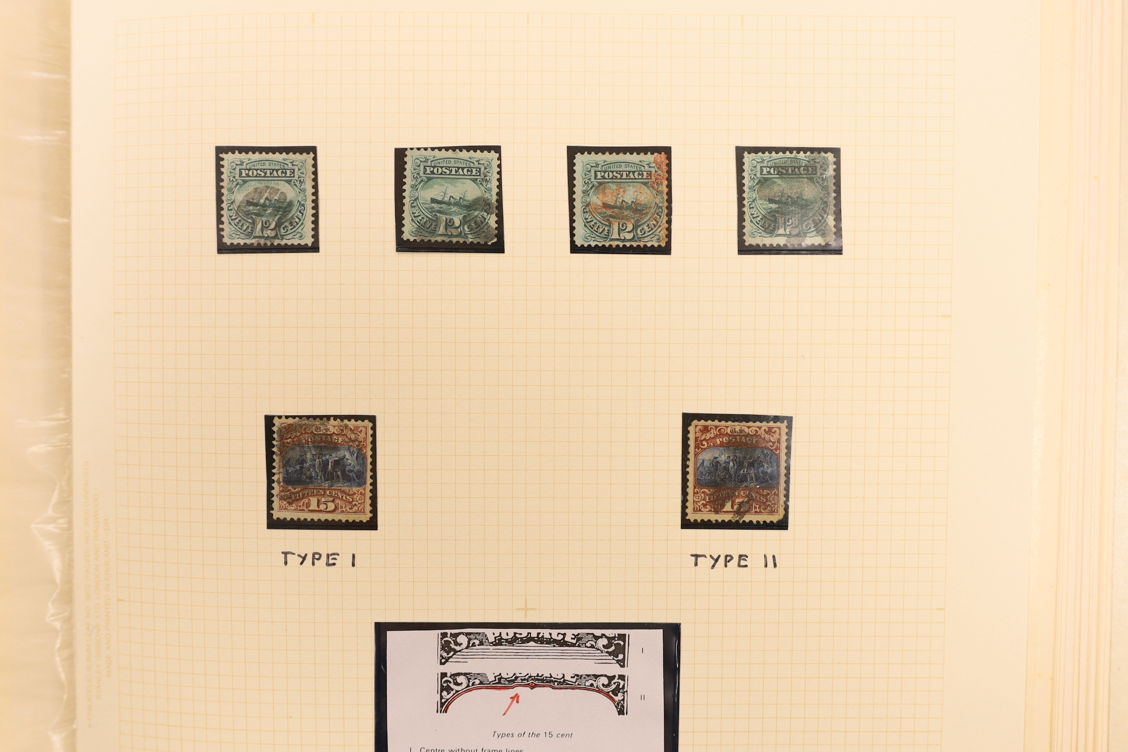 A collection of early United States of America stamps in a Philatelic album including 1845 New York Provisional 5c., 1847-50 5c. (4, one on cover, one single with blue “10” cancel and with RPS Certificate 1956) and 10c.